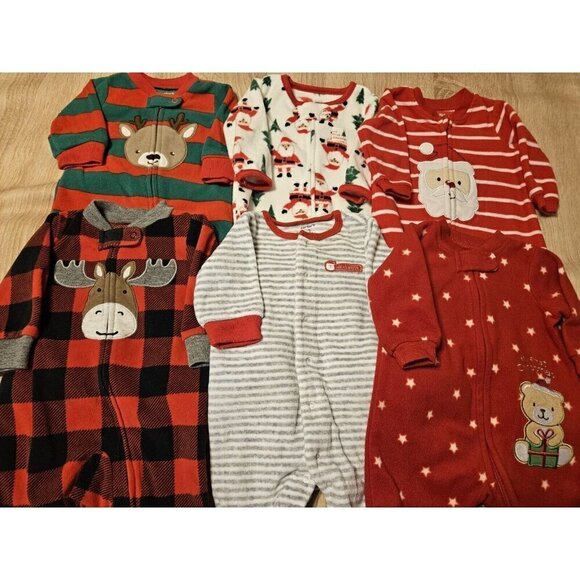 Lot Of 6 Carters Fleece Footed Pjs Pajamas Size 3 Months  Christmas Boys Santa - Picture 1 of 7